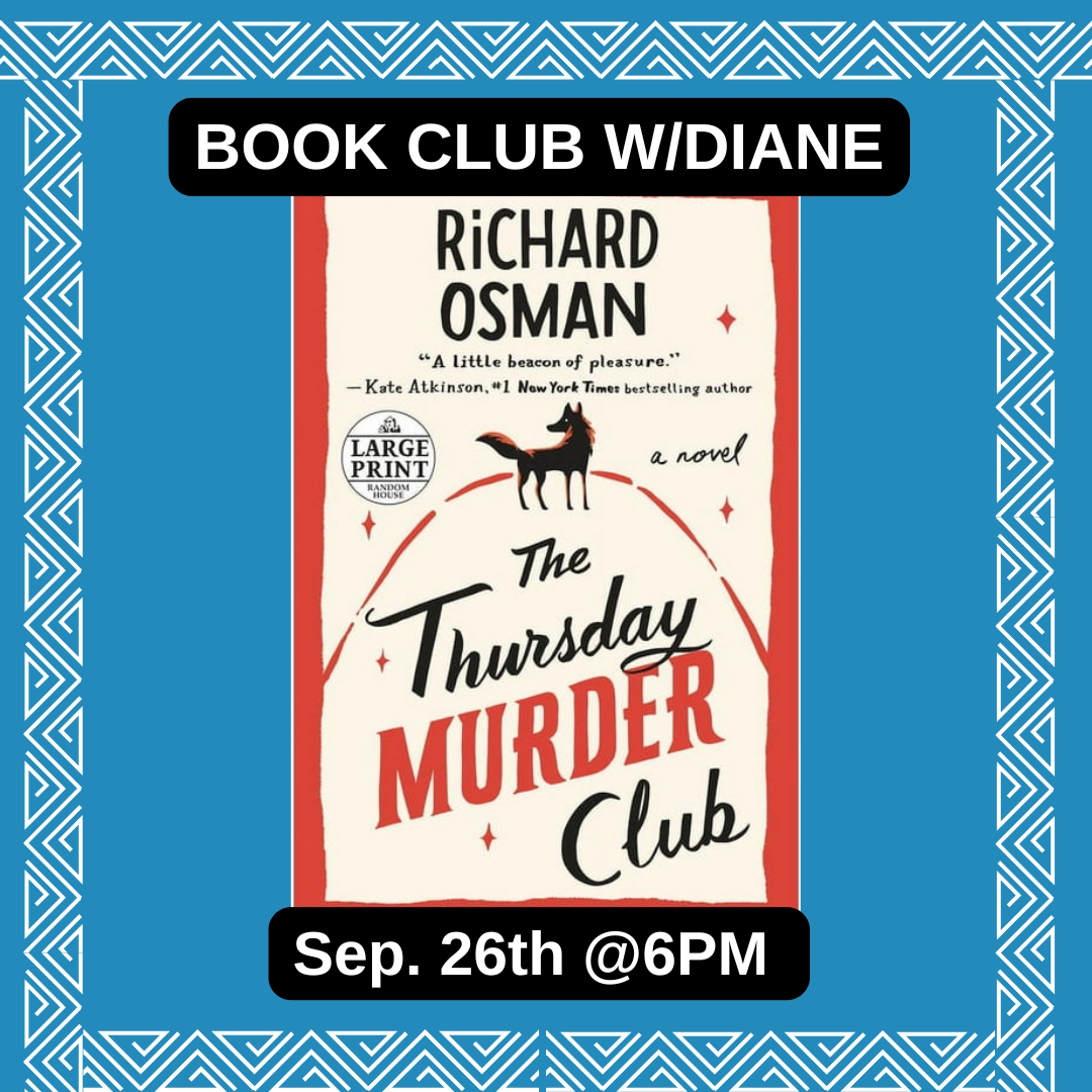 Book cover the Thursday murder club by Richard Osmin, text Book club with Diane September 26th at 6:00pm