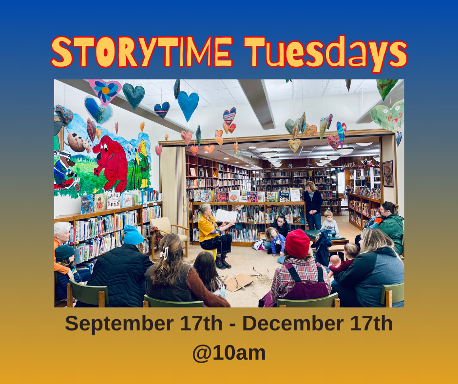 stortime tuesdays september 17th- december 17th. A group sits in the library listening to a story.